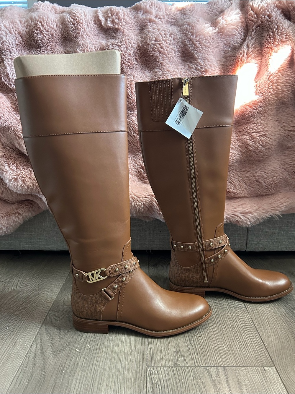 NWT. Michael Kors Tan Brown MK Logo Knee high Riding Boots style